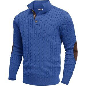 Men's Cable Knitted Pullover Sweaters Long Sleeve Stand Collar Button Up Blue